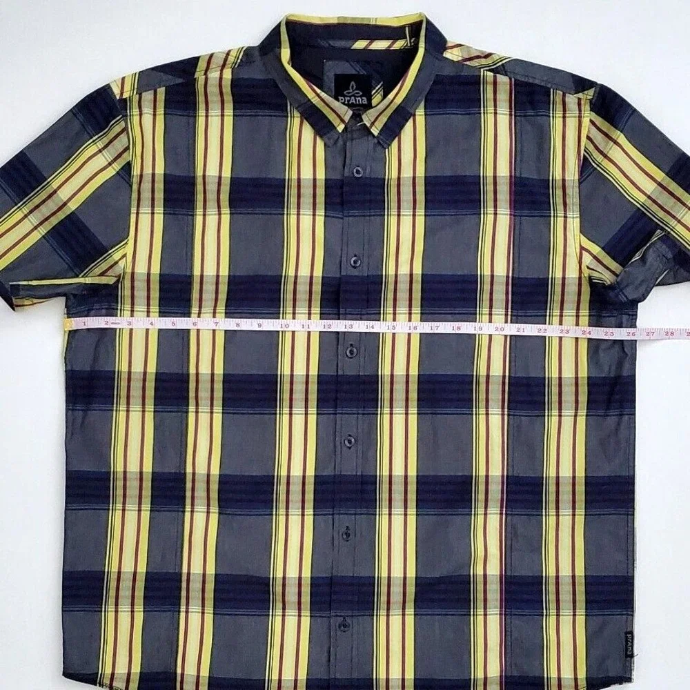 Prana Mens XXL Gray Yellow Plaid Button Front Short Sleeve Casual Hiking Shirt